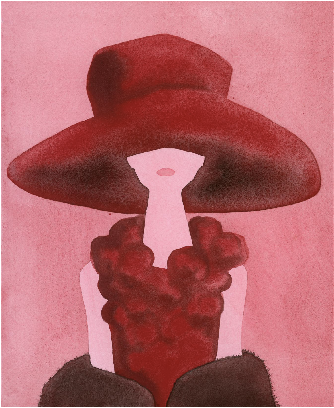 Illustration of a person with no facial features wearing a large red hat and a red dress with a dark fur collar, against a pink background.