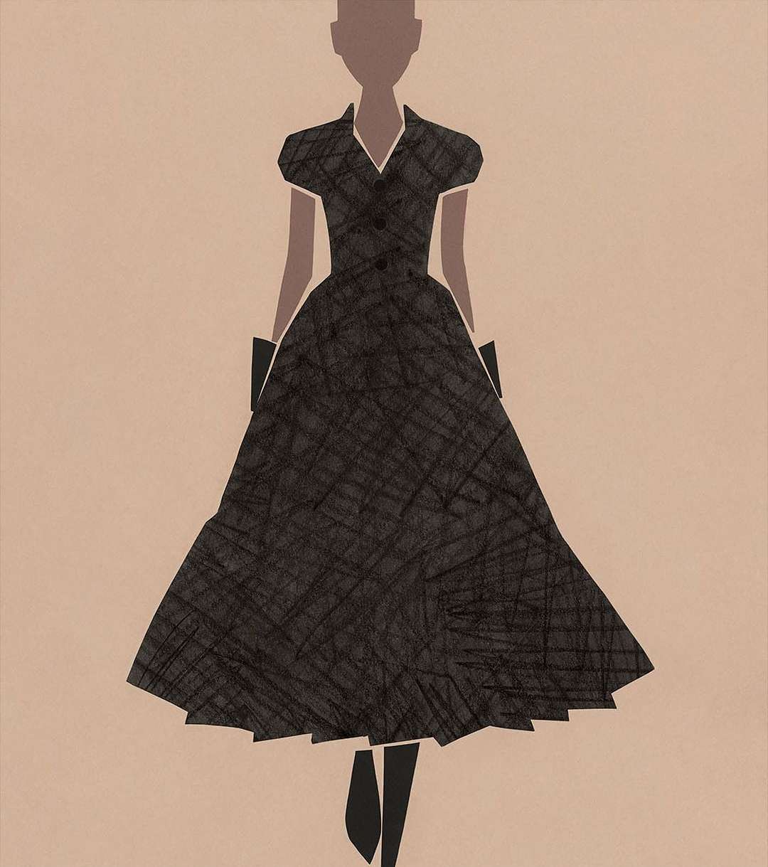 Illustration of a slender, stylized figure in a vintage-style black dress with a full skirt, set against a tan background.