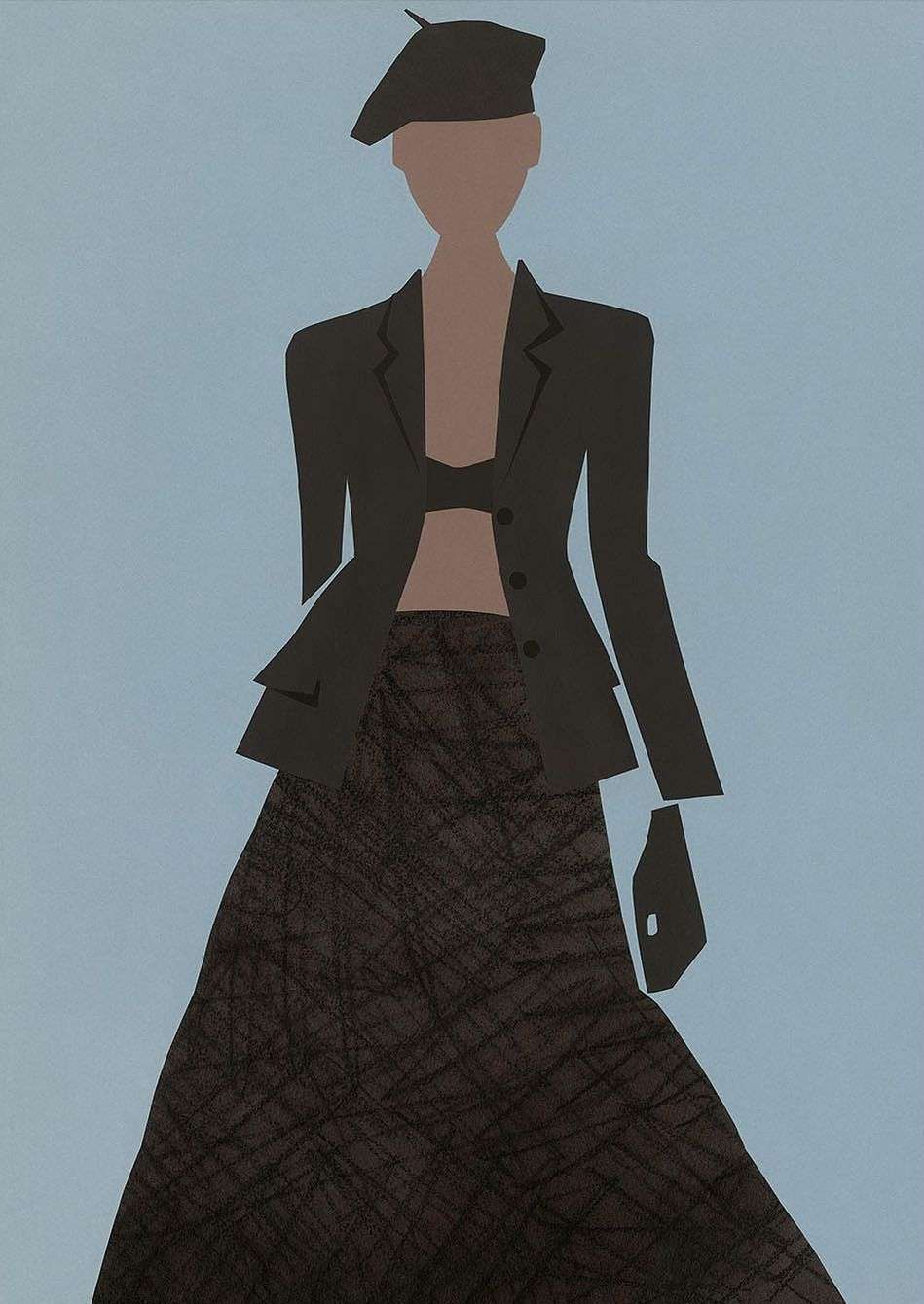 Illustration of a slender figure in a paper-cut style, wearing a beret, jacket, and skirt in shades of brown and black against a light blue background.