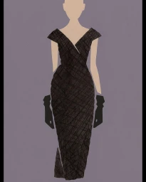 Minimalist fashion illustration of a woman in a dark v-neck evening gown and black gloves against a muted grey-purple background.