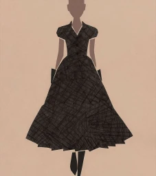 Fashion illustration by Mats Gustafson featuring a stylized woman in a dark A-line dress against a beige paper background.