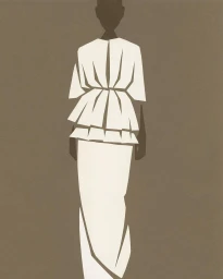 Minimalist fashion illustration by Mats Gustafson featuring a stylized figure in a white tiered top and skirt against brown paper.