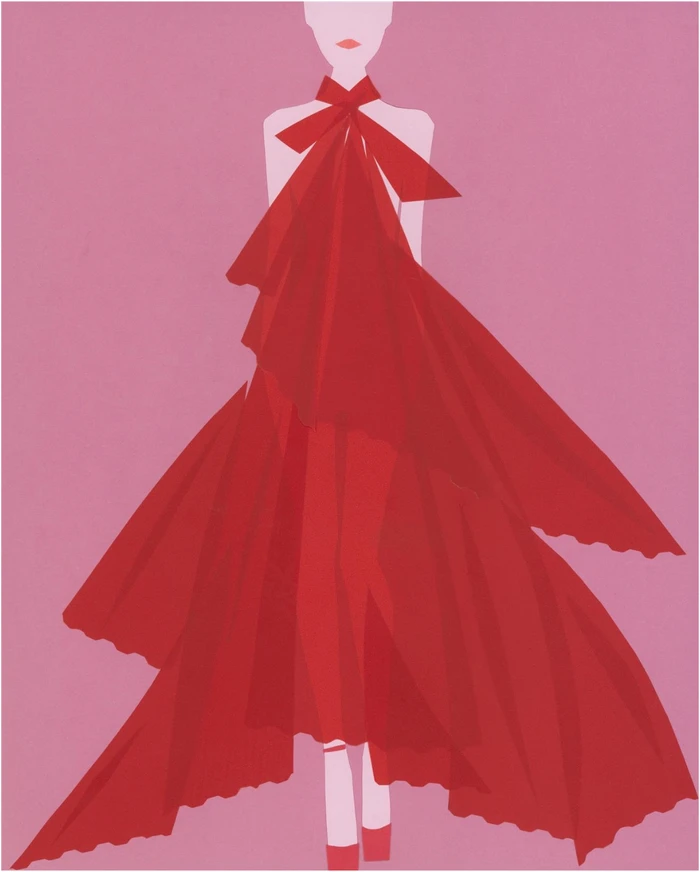 Fashion illustration by Mats Gustafson featuring a stylized figure in a flowing red halter dress against a solid pink background.