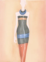 Watercolor fashion illustration of a stylized female figure in a color-blocked dress and statement necklace.