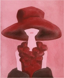 Fashion illustration by Mats Gustafson featuring a woman wearing a wide-brimmed hat and dark textured garments on a pink background.