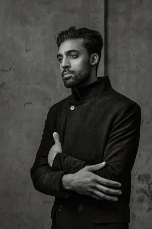 Monochrome portrait of a South Asian man in a dark high collar coat with arms crossed against a textured concrete wall.