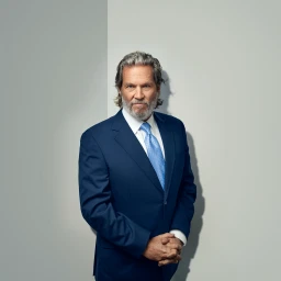 Jeff Bridges wearing a blue suit and light blue tie standing against a plain white wall with soft shadow