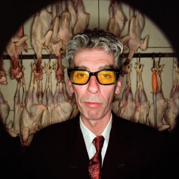 Portrait of a man wearing yellow-tinted glasses, a dark suit, and a red patterned tie, photographed against a background of hanging raw chickens.