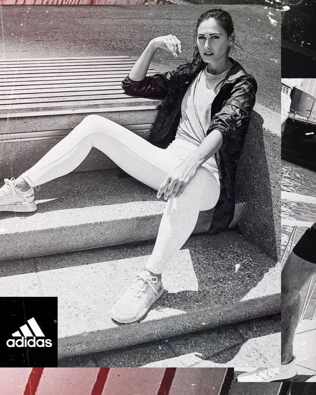 A woman in athletic wear sitting on concrete steps, posing for an Adidas outdoor fashion lifestyle shot in black and white.