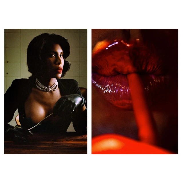 Elegant woman in pearls and black gloves poses indoors, contrasted with close-up of glossy red lips and red stick. Dark moody lighting.