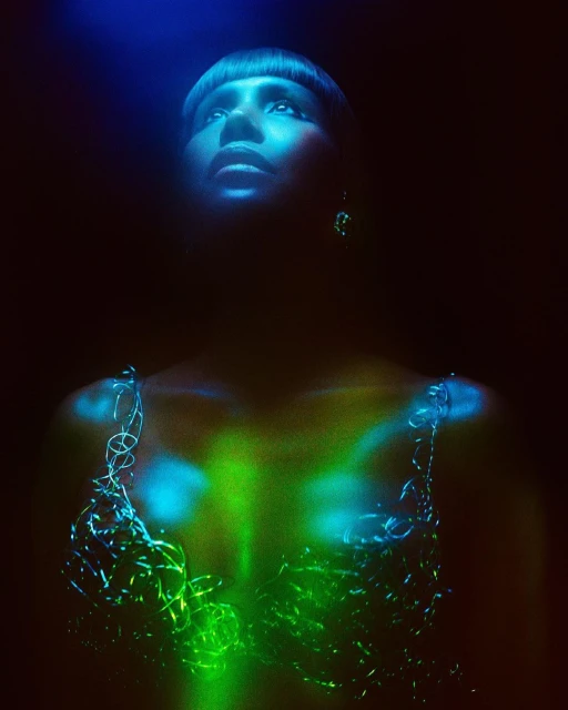 Eye-level shot of a woman with a bowl cut, wearing decorative chain links, with blue and green light on a dark background.