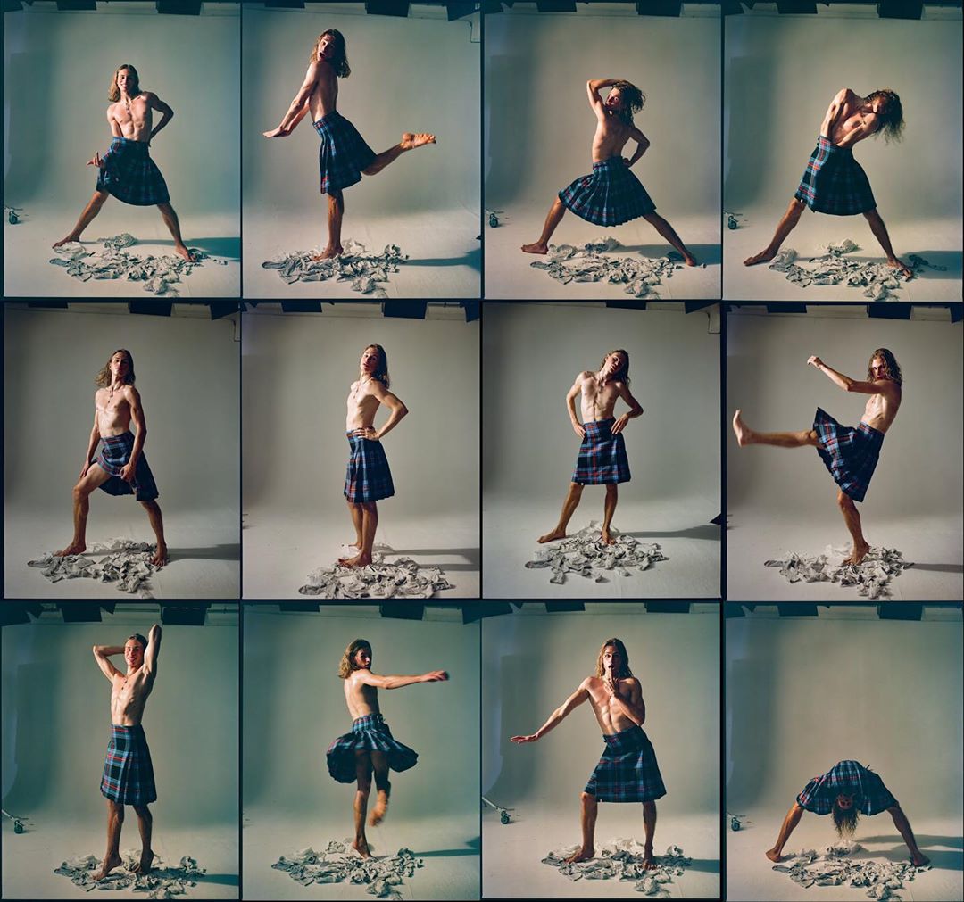 Man wearing a kilt poses in a grid of studio shots, demonstrating movement and expression against a neutral backdrop.