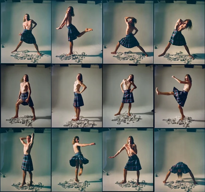 Man wearing a kilt poses in a grid of studio shots, demonstrating movement and expression against a neutral backdrop.