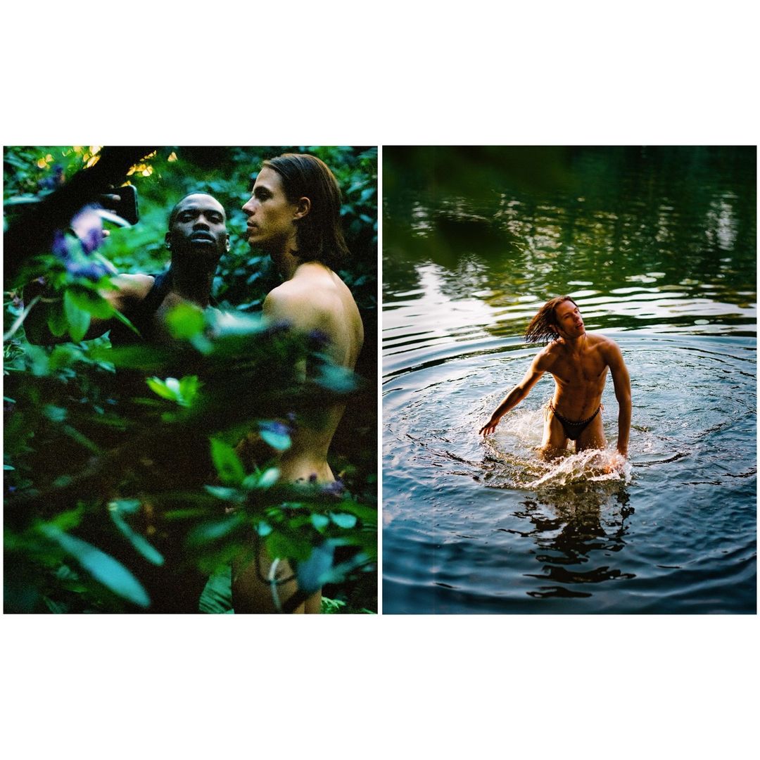 Two shirtless adult males pose in nature; one in lush green foliage, the other emerging from dark lake water in a diptych.