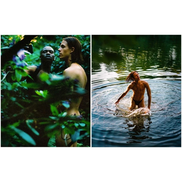 Two shirtless adult males pose in nature; one in lush green foliage, the other emerging from dark lake water in a diptych.