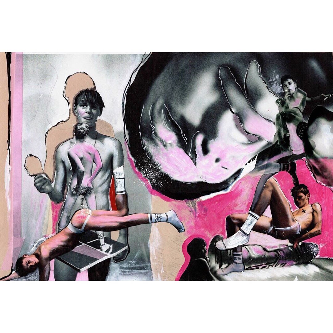 Collage art featuring several nude young adult males in various poses with soft pink accents and black and white contrast, set against white.