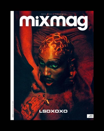 Mixmag magazine cover featuring LSDXOXO with artistic makeup, styled hair, jewelry, and bare torso against a red-toned backdrop.