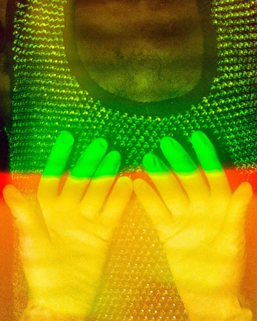 Abstract studio shot of a person's hands and upper torso wearing chainmail, with strong yellow, green, and red color grading.