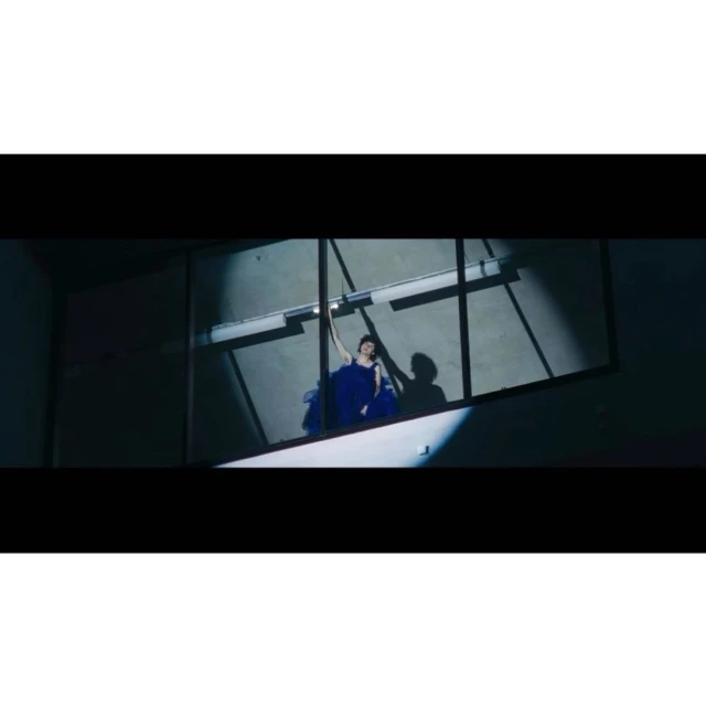 Adult woman in a blue gown is viewed through a window with geometric grids, shadowed, lit by a spotlight in a dark interior space.