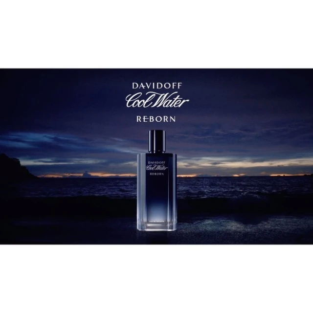 Davidoff Cool Water Reborn fragrance bottle stands in front of a dramatic seascape with dark blue hues, brand logo above.