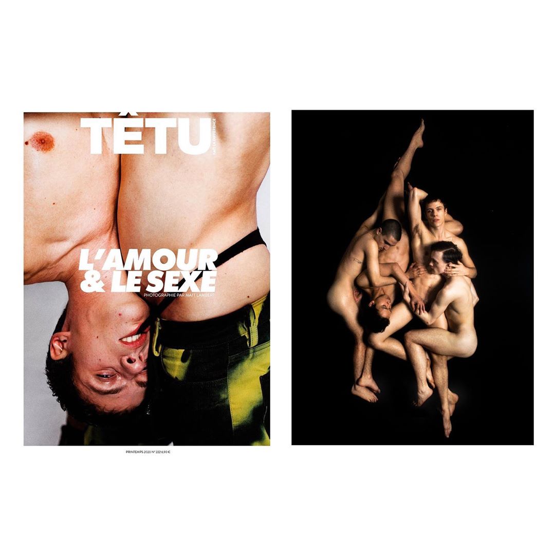 Magazine cover featuring shirtless male torso alongside group of nude male bodies stacked against a solid black background.