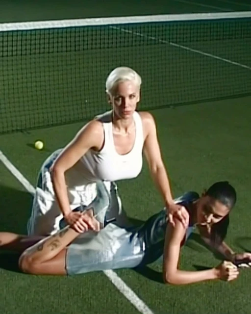 Two adult women stretch on a tennis court near the net, one kneeling and stretching the leg of another woman lying on the ground.
