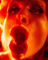 Extreme close-up portrait of a person shouting with mouth wide open under intense red lighting by Matt Lambert