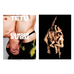 Two side-by-side editorial photographs featuring men, one upside down on the left and a group of four men intertwined on the right.