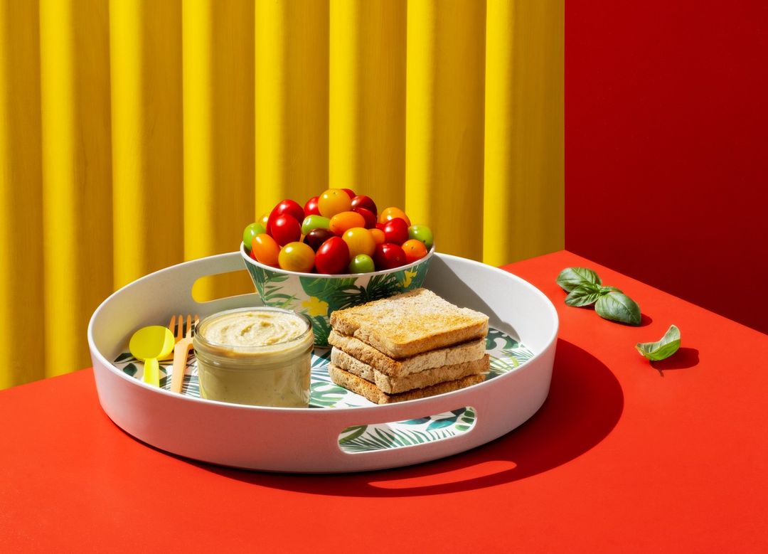 Still life food shot with a sandwich stack, tomatoes in a bowl, and a jar of dip on a white tray against a vibrant yellow and red backdrop.
