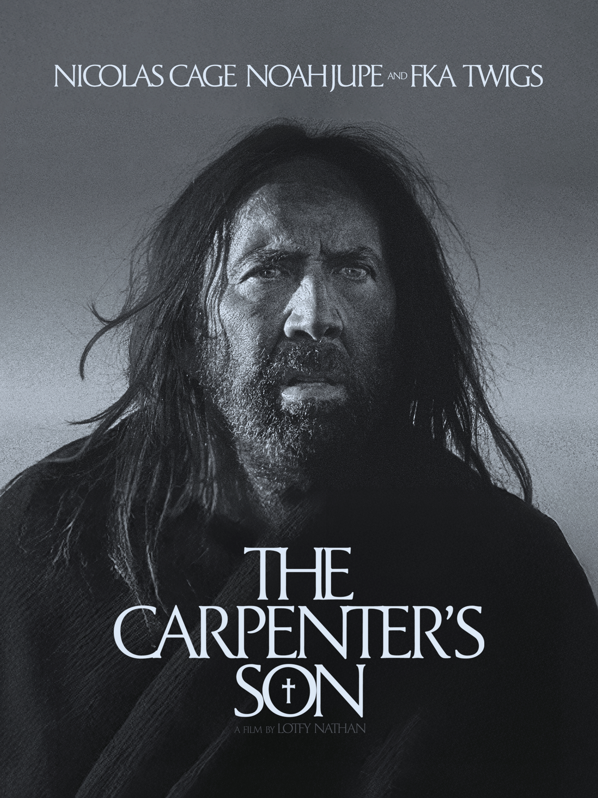 Movie poster featuring Nicolas Cage with long hair and beard, under the title 'The Carpenter's Son' in a grayscale image.