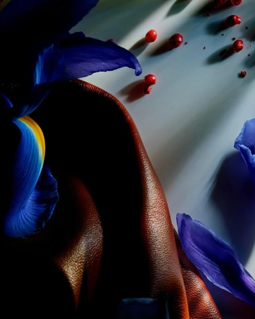 Still life photograph of an iris, brown sculptural form, and red peppercorns on a light blue background with contrasting shadows.