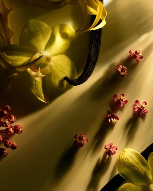 Close-up of yellow orchid blossoms, vanilla bean pods, and small red buds arranged on a cream-colored surface with diffused lighting and shadows.