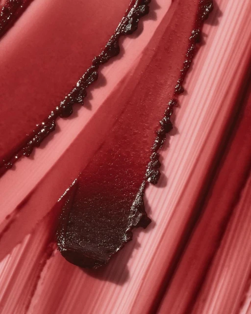 Macro shot of thick, dark red smears of lip gloss. The smears are diagonal and textural, appearing glossy and rich in color.