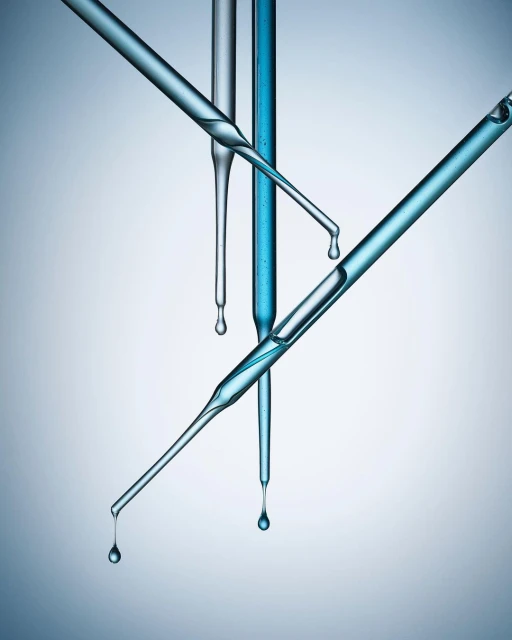 Close-up studio shot of laboratory glass pipettes with blue liquid droplets, set against a blue gradient background.