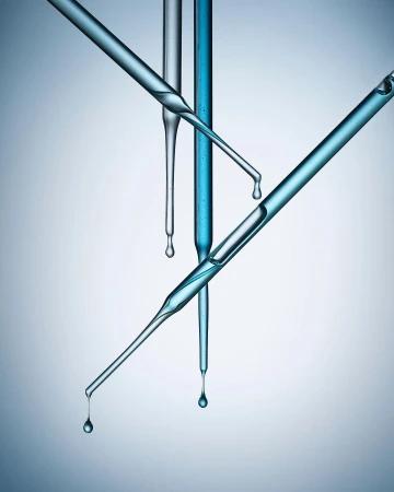 Close-up studio shot of laboratory glass pipettes with blue liquid droplets, set against a blue gradient background.