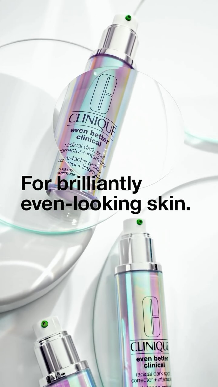 Clinique Even Better Clinical Radical Dark Spot Corrector displayed with transparent geometric shapes on a white surface for beauty advertising.