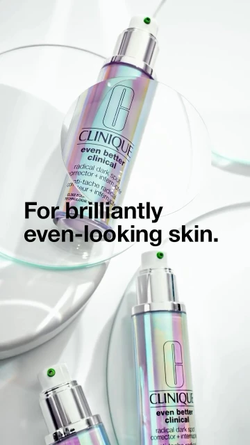 Clinique Even Better Clinical Radical Dark Spot Corrector displayed with transparent geometric shapes on a white surface for beauty advertising.