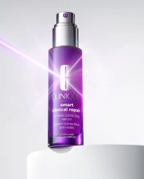 Purple Clinique smart clinical repair serum bottle on white podium with glowing light flare effect