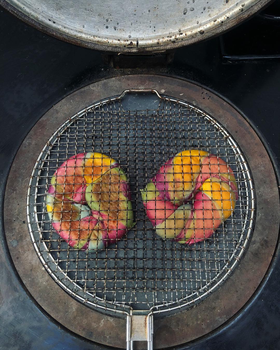 Overhead shot of two tie-dye bagels on a wire rack inside a vintage oven with the lid ajar, showcasing colorful, patterned baking.
