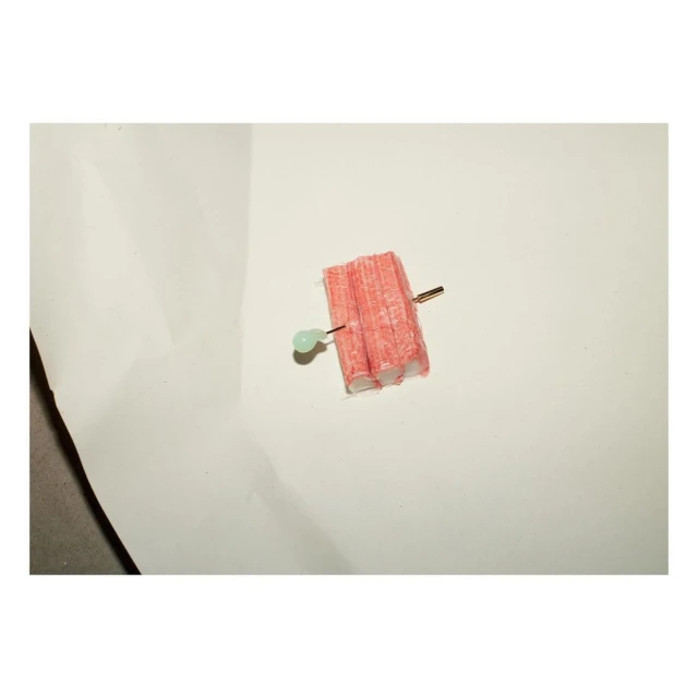 Crab sticks pierced by a straight pin with a green bead head, arranged on a white surface with soft lighting and subtle shadow detail.