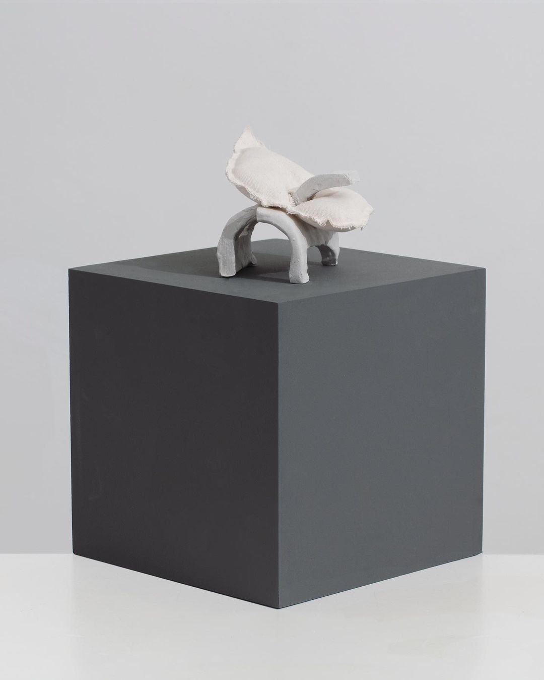 Still life of a gray cube supporting a small, white, ceramic flower sculpture, shot in a studio with a neutral background and diffuse lighting.