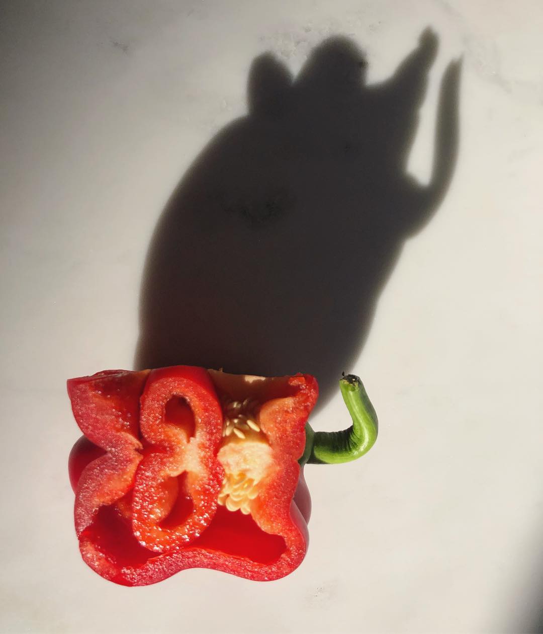 Halved red bell pepper close-up with green stem, illuminated by bright light casting a hand shadow on a white surface.