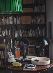 A wooden table loaded with art objects, books, and a glass cloche against a dark bookshelf filled with books and boxes, by Matthew Donaldson