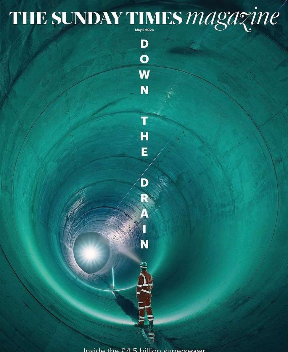 The Sunday Times magazine cover featuring a worker in a tunnel leading toward bright light, with text 'DOWN THE DRAIN'.