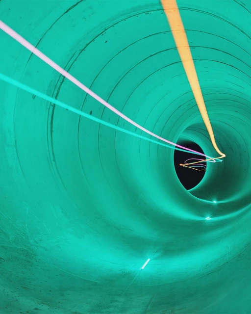 Abstract image of a tunnel with light streaks, showcasing bright neon colors, and circular geometric patterns in an indoor setting.