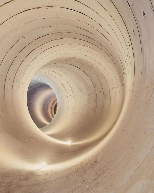 Abstract image of an illuminated tunnel with a textured surface and concentric circles receding into the distance, creating a vortex effect.