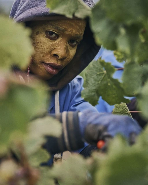 Close-up of a person with protective clay on their face, hooded, working in a vineyard with green leaves in the foreground.
