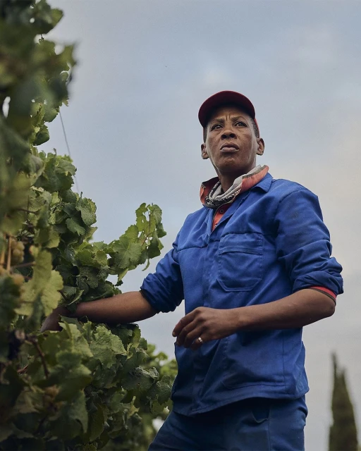 Woman in blue work clothes and red cap tends to grapevines under overcast sky, photographed from a low angle with a shallow depth of field.