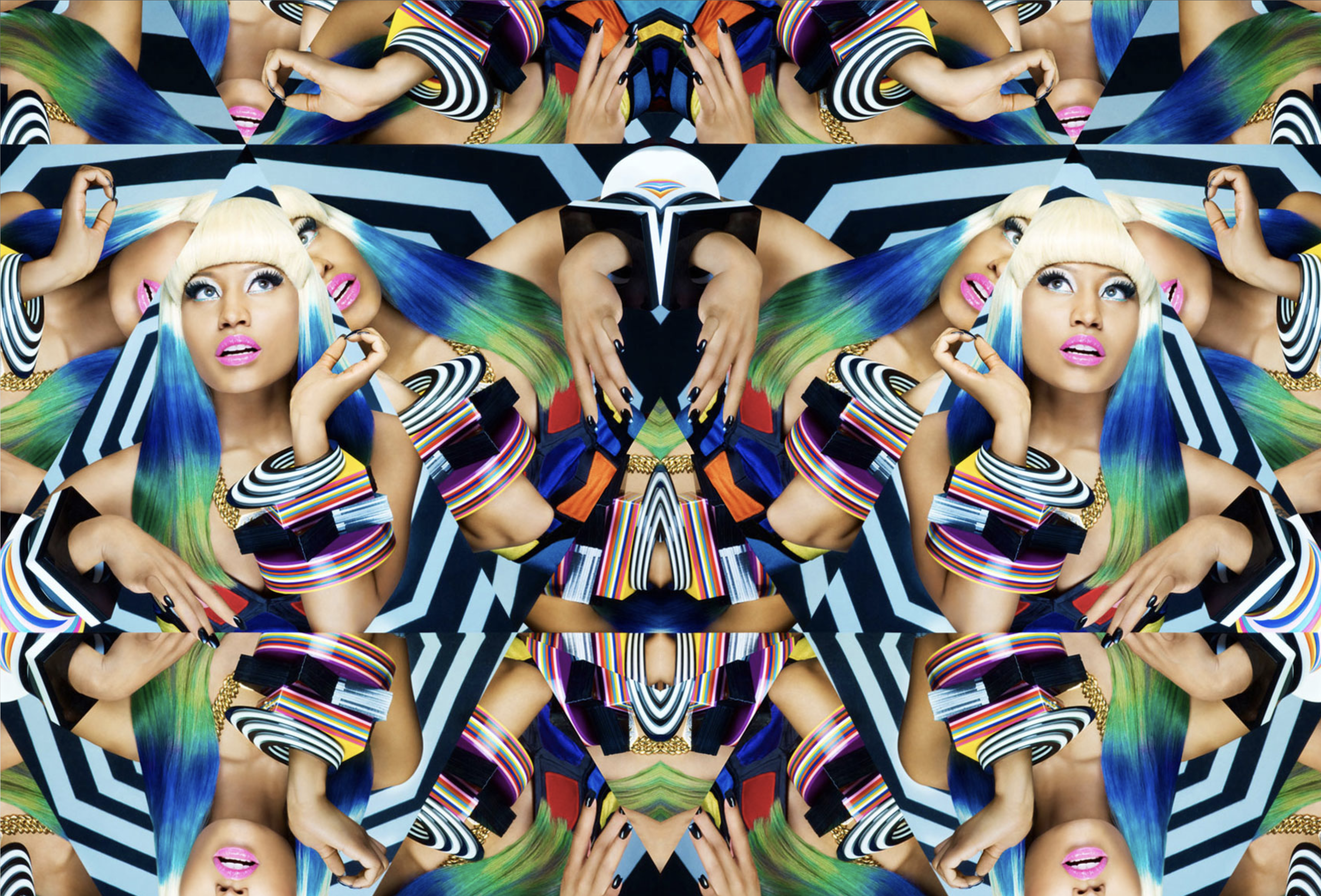 Kaleidoscopic fashion portrait of a woman with striking blue and green hair, bold makeup, and colorful striped accessories.