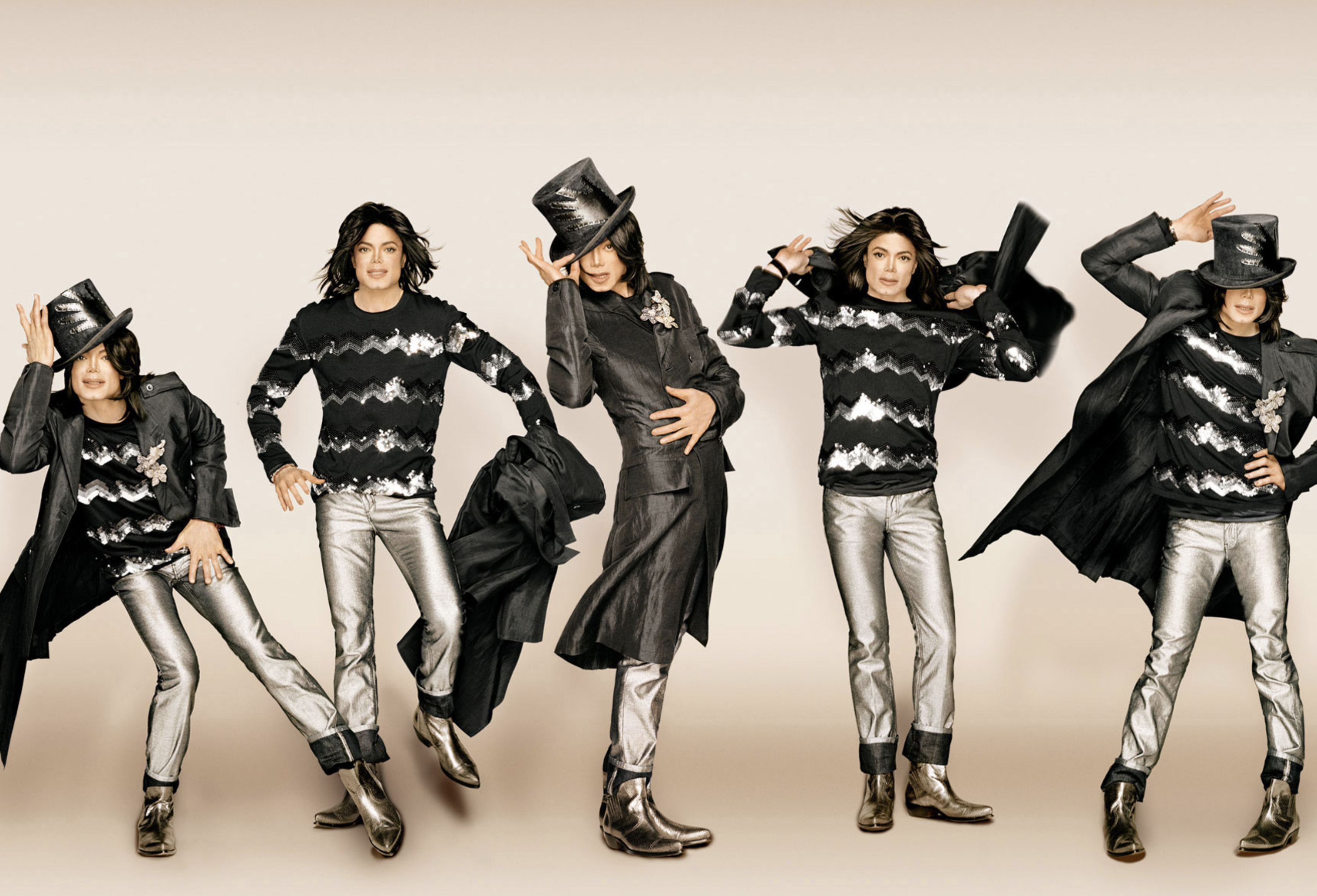 Multiple full-length shots of Michael Jackson in a black sequin shirt and silver pants, posing in various stances against a light background.